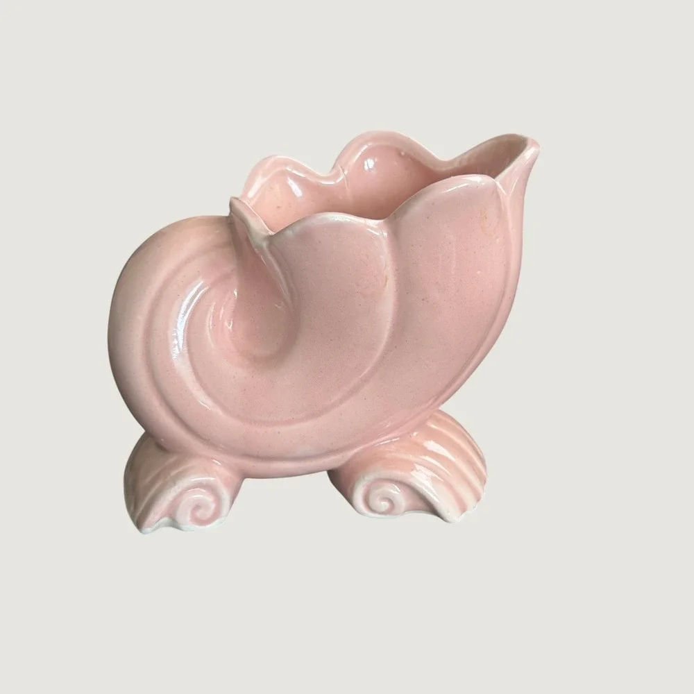 Vintage Pink Ceramic Seashell Planter Nautical Conch Shell Vase Coastal Decor
